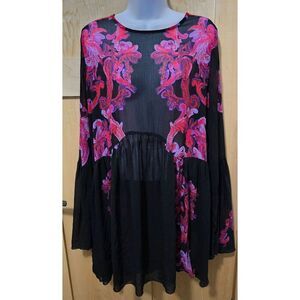 Boho Black & Red Floral Long Sleeve Tunic Dress With Keyhole Back